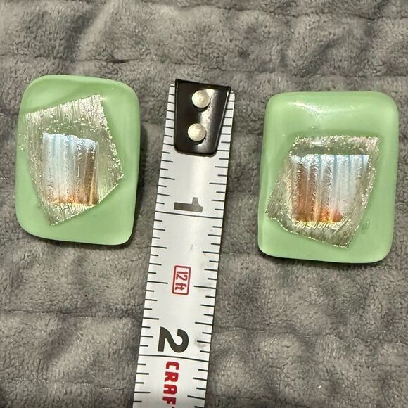 Mint Green Fused Glass Earrings – Handmade Iridescent Post-Back Jewelry - Picture 6 of 17
